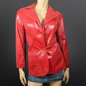Vintage 90s Red Leather Jacket Blazer Dagger Collar Fitted Womens Size XS